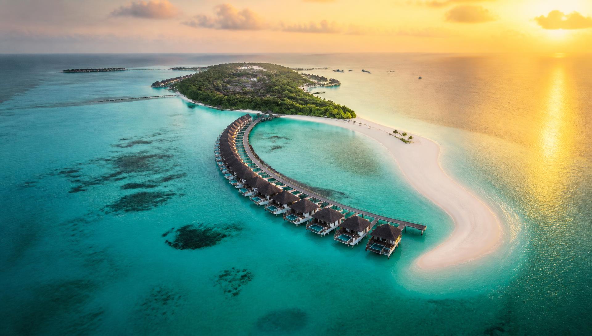 Aerial view of a Maldives atoll at golden hour
