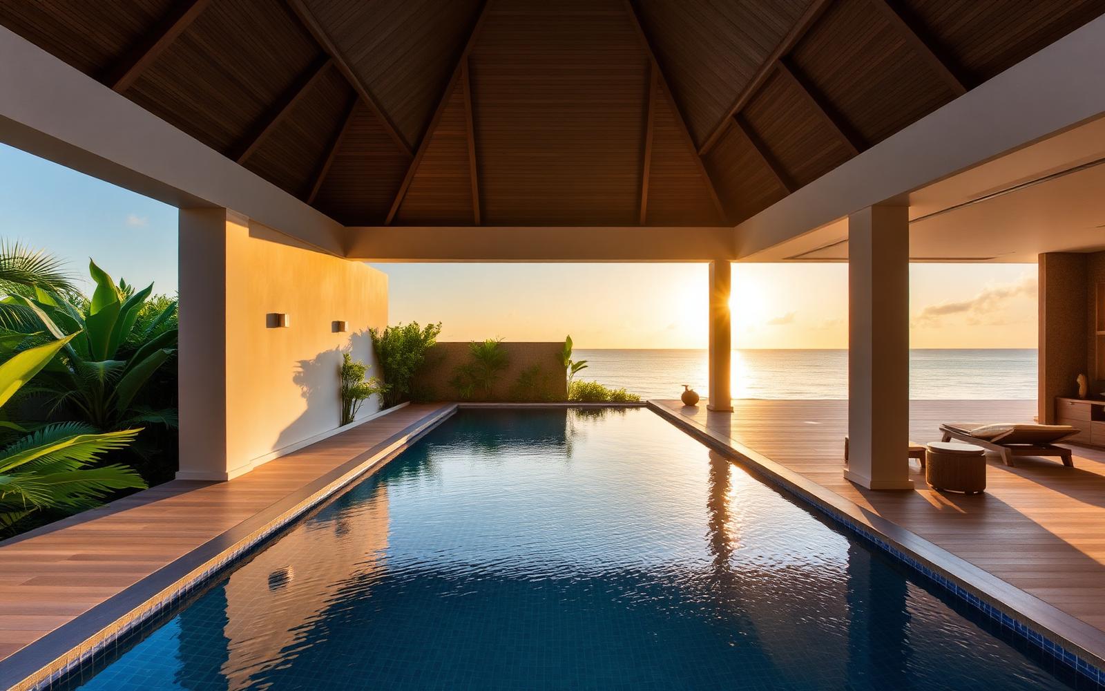 Beach Villa with Pool at golden hour